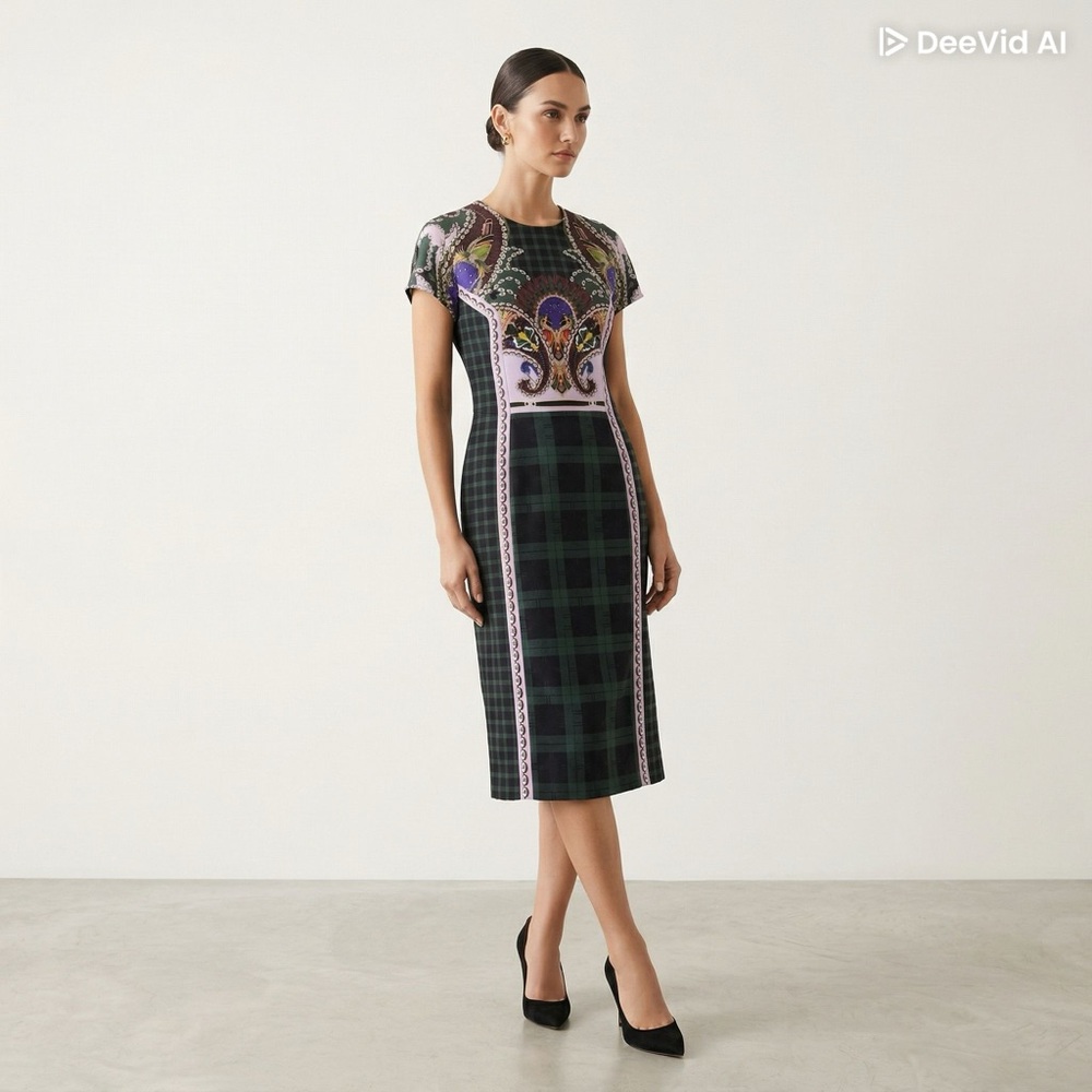 MARY KATRANTZOU Dark Green Printed Dress with Multicolor Medallion Motif
